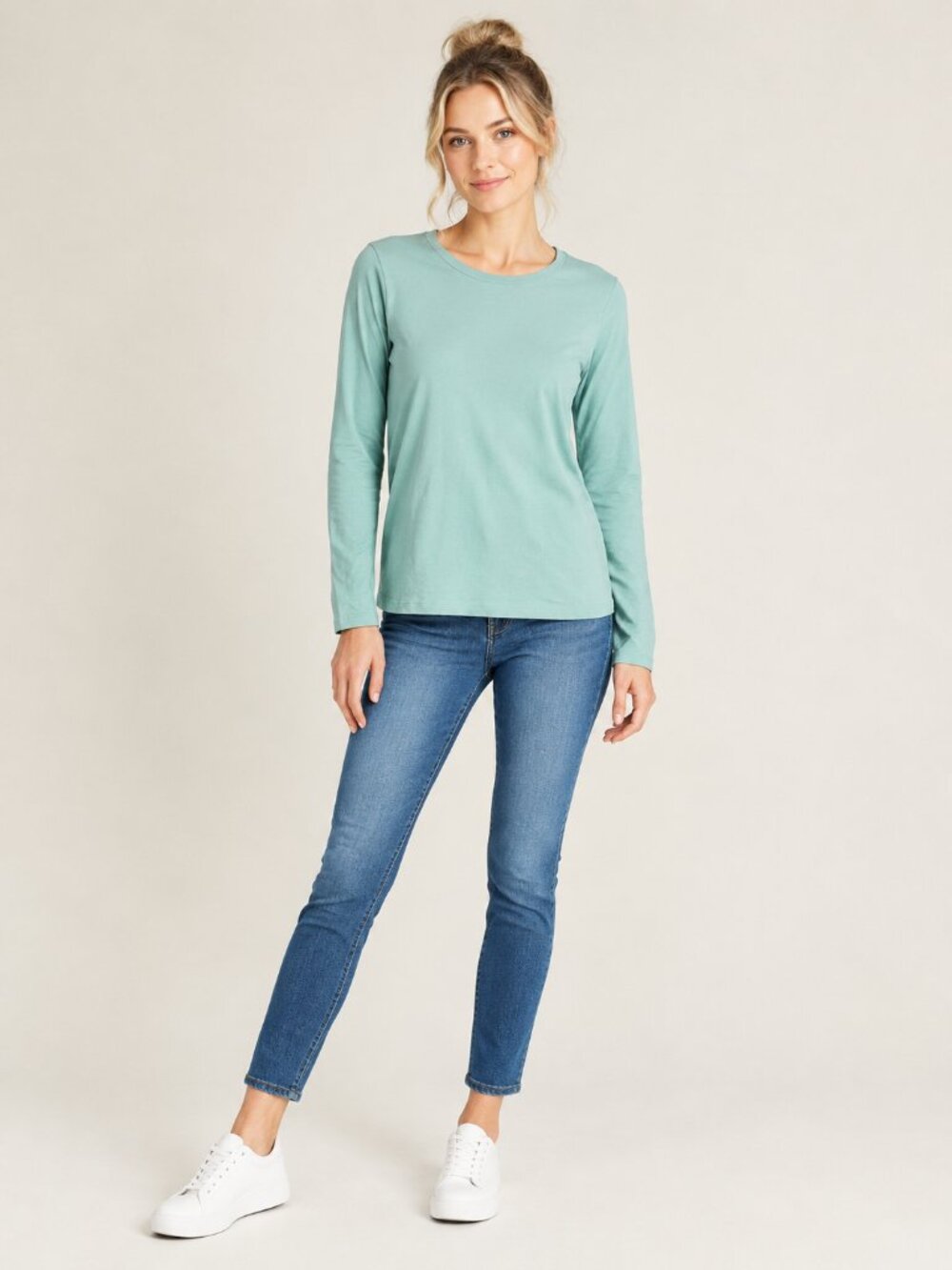 2/$30 Lands' End Cotton Long Sleeve Tee Crew Neck Seafoam Large #A4876